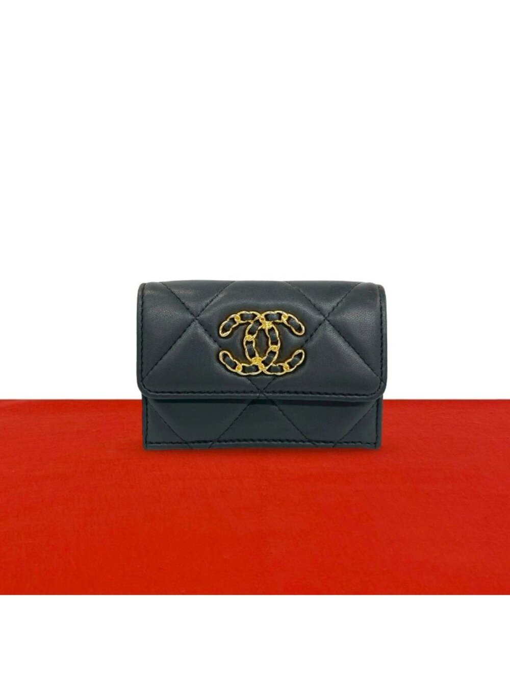 Chanel 19 CC Logo Lambskin Leather Trifold Wallet Mini Gray